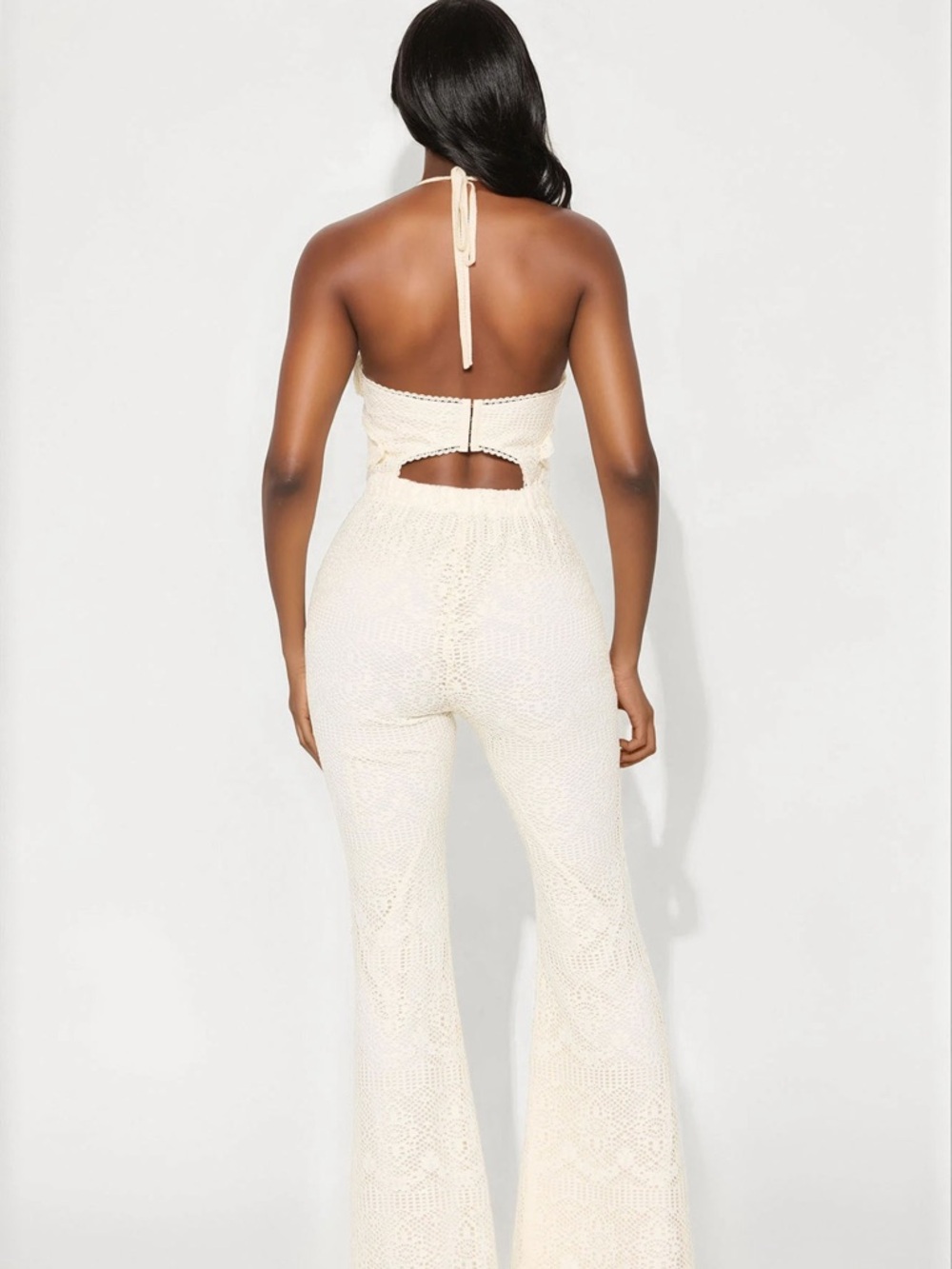 Fashion Nova Cream Crocheted Halter Flare Jumpsuit - Picture 2 of 2
